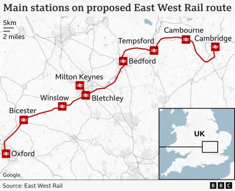 A map of the proposed East-West rail line from Oxford to Cambridge