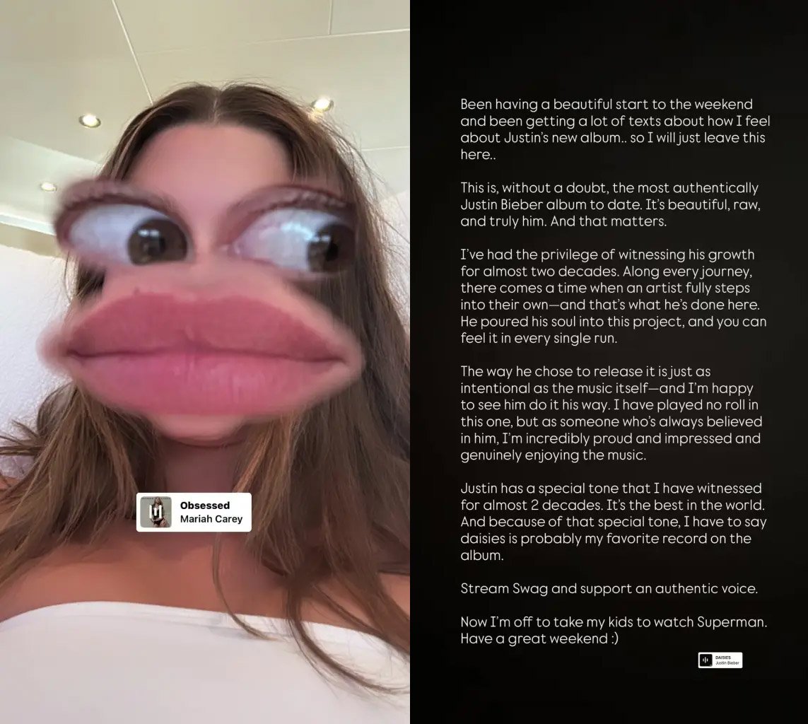 Hailey Bieber reacts to Scooter Braun’s take on Justin’s new album