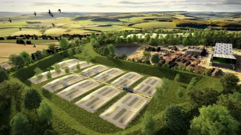 Designscape Architects A computer-generated image showing a green landscape with a section of landfill and a flat area with 11 huge greenhouse structures surrounded by slopes with greenery and trees.